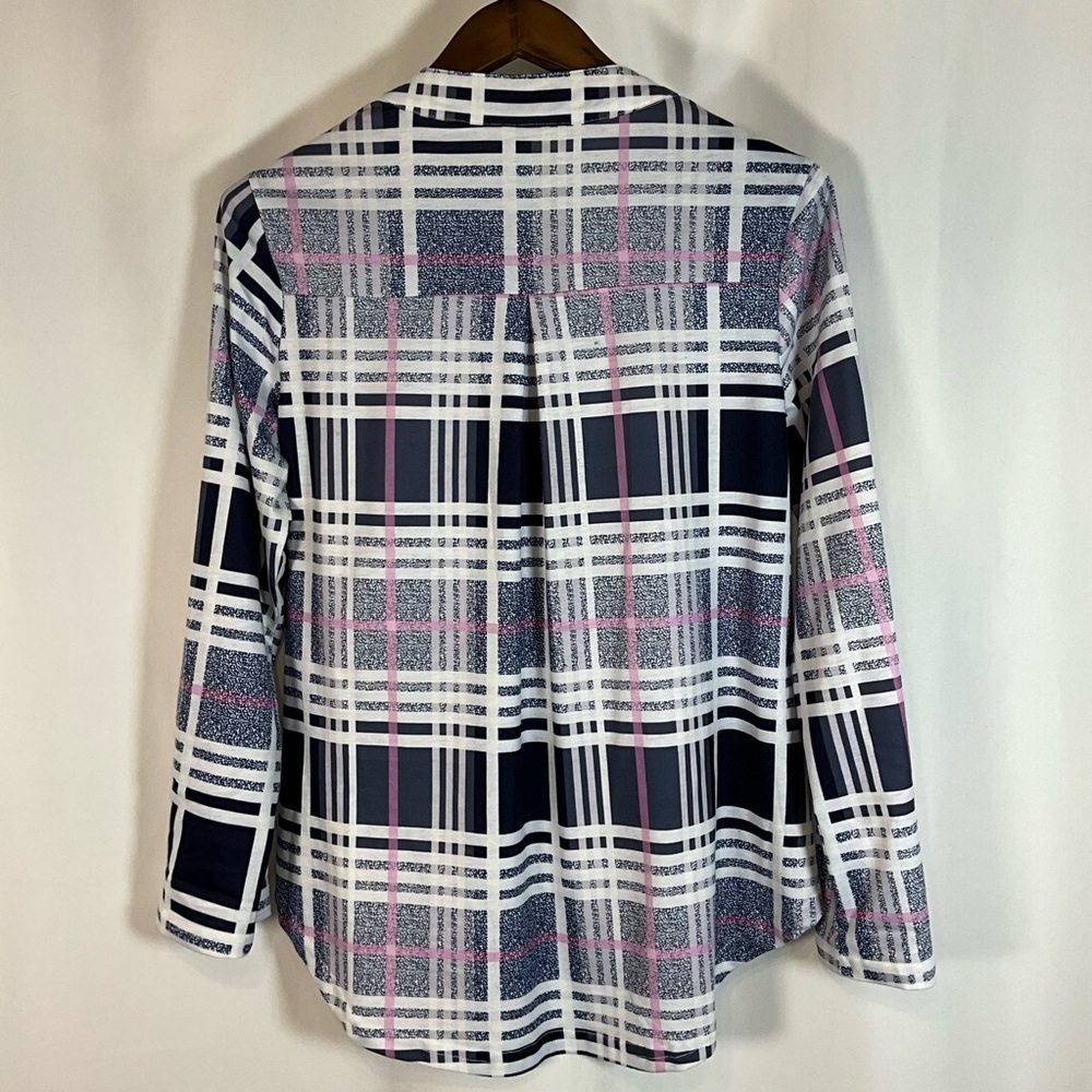 Moyabo Blouse Size M Navy and Pink Plaid Front Zip Button tab Sleeves - Picture 3 of 9